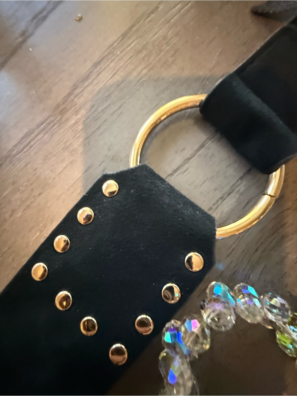 BCBGMAXAZRIA Black Wide Waist Belt – Gold Ring & Stud Detail – M/L
